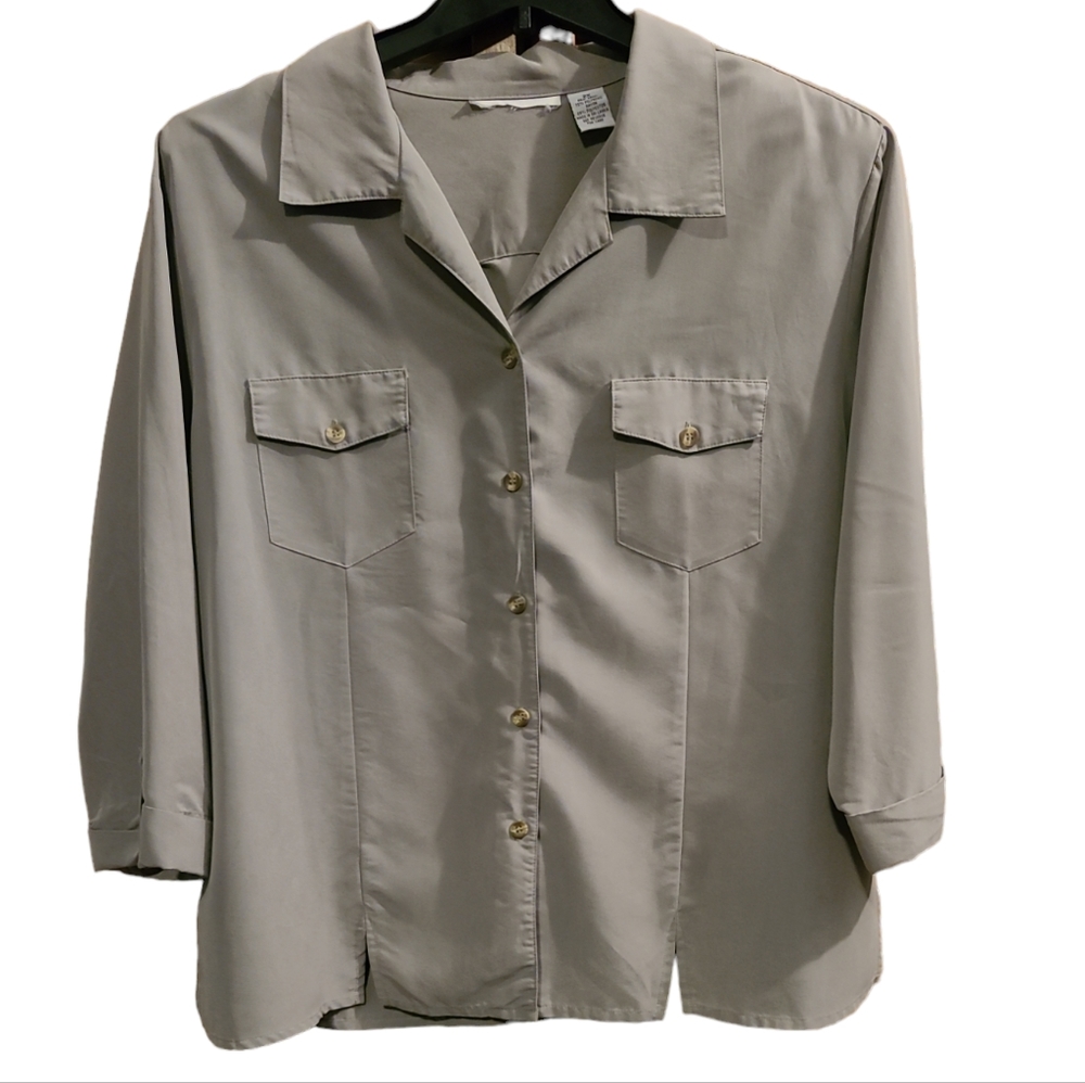 Vintage Apparenza Light Gray Casual Cargo Button Down Blouse Plus Sz 2X